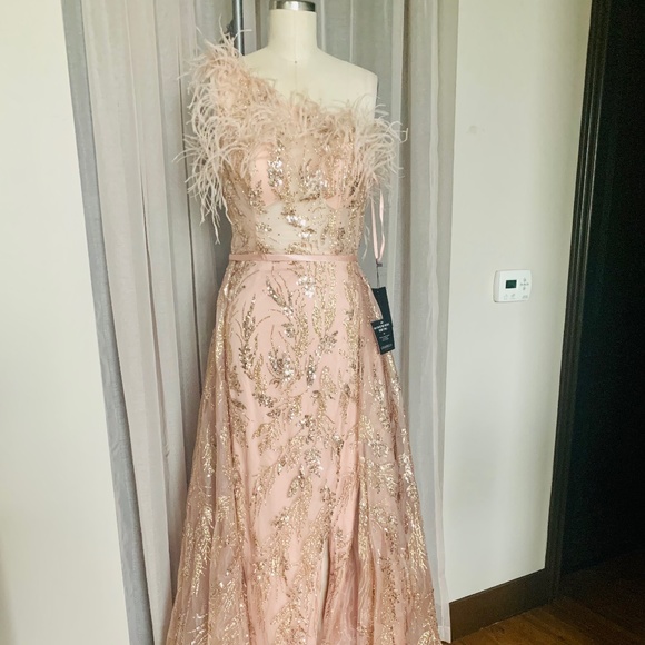Feather Sequin Gown with Slit - Picture 1 of 2